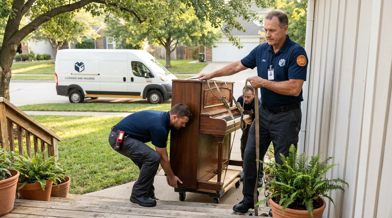 Licensed piano movers securing grand piano in Sturbridge, MA