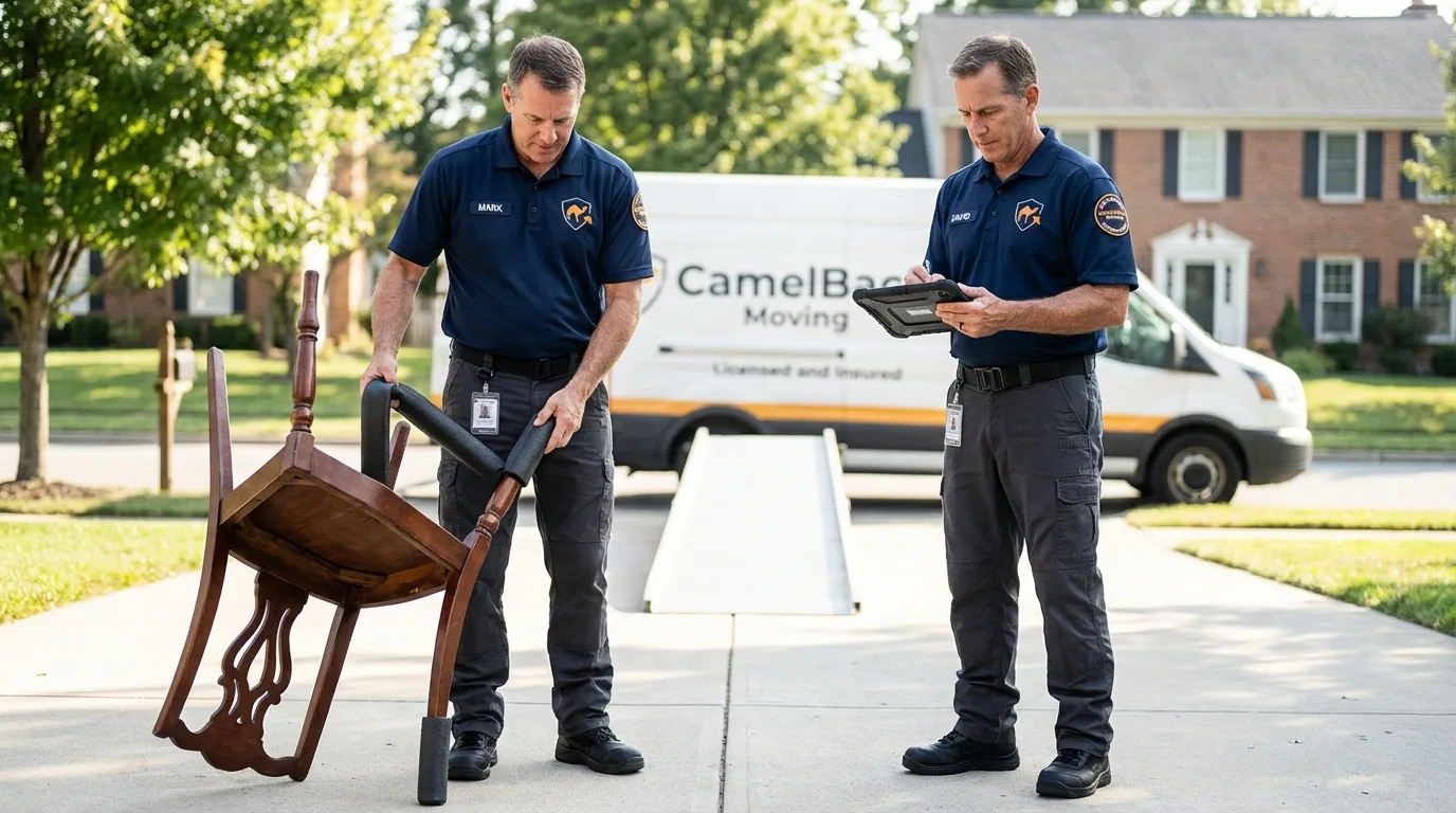 Movers inspecting furniture for damage prevention before loading in Sturbridge, MA