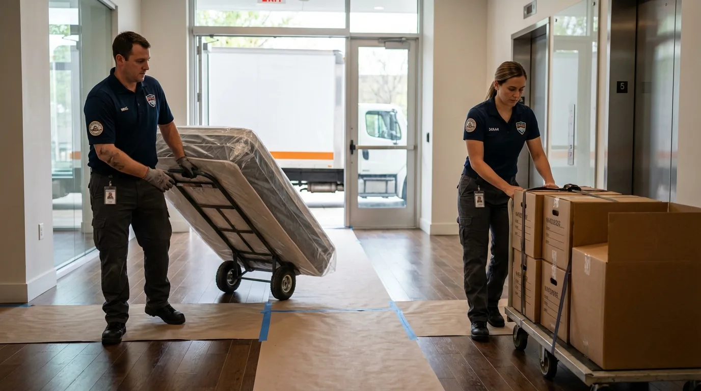 Professional apartment movers loading elevator in Sturbridge, MA