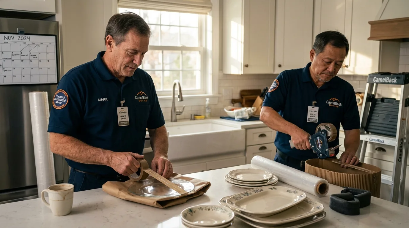 Professional crew packing kitchen dishware in Sturbridge, MA